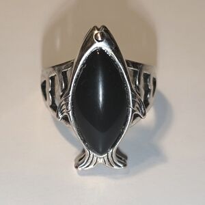 Large Textured Fish Black Onyx Sterling Silver Men Unisex Ring Size 10